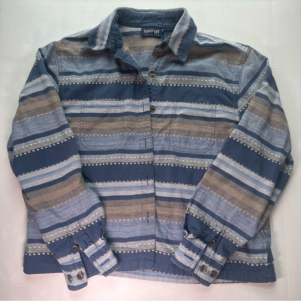 Krazy Kat Essential Shirts Vintage 90s Striped Cotton Flannel Button Down Shirt